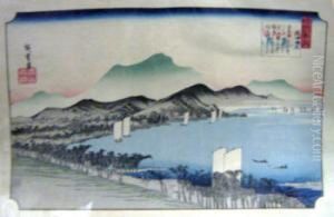 'biwa Ko ', Two Views, Colour Woodblock Prints, 25cm X 37cm, Unframed