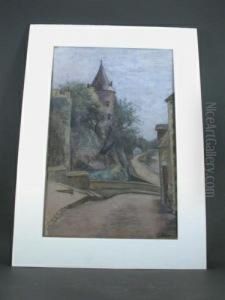 Pastel On Paper Of Aeuropean Village Scene With Tower by George Hitchcock