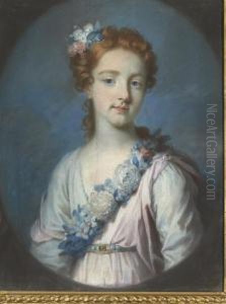 Portrait Of A Young Girl,
Half-length, In A Pink And White Dress With A Floral Sash, Feigned Oval - view 1