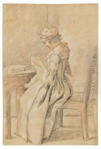A Woman Sewing. by William Hoare Of Bath