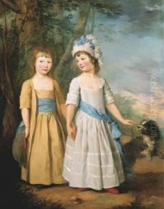 Double Portrait Of Elizabeth And
 Thomas Trower In A Landscape,full-length With A Dog, He In Light Brown 
Robes, She In A Whitedress And Hat With A Blue Ribbon