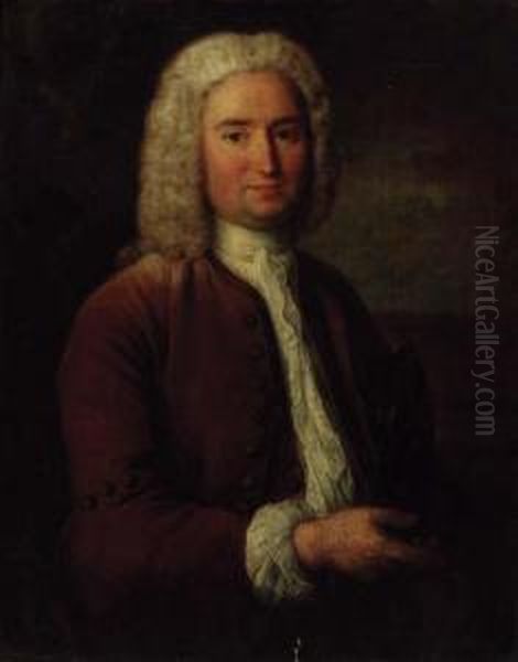 Portrait Of A Gentleman,
Three-quarter-length, In A Brown Coat Andwaistcoat, A Tricorn Under His
Left Arm, In A Landscape - view 1