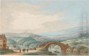 A) A River Landscape With A 
Rowing Boat And Fishermen In The Foreground; B) An Extensive Hilly 
Landscape With A Bridge Over A River by Johann Jakob Hoch