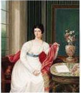 Portrait Of A Lady In An Interior With Her Pet Dog by Johann Jakob Hoch