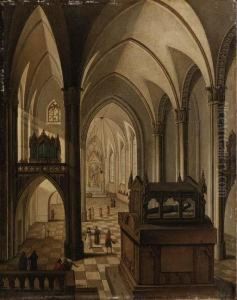 Interior Of A Gothic Cathedral With Elegant Figures Walking In Thenave Before A Tomb
