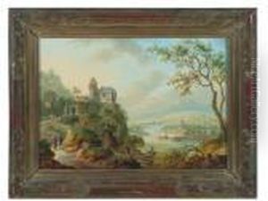 Flusslandschaft Mit Einer Burg Und Kahnfahrern
