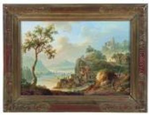Flusslandschaft Mit Hausern Und Figuren