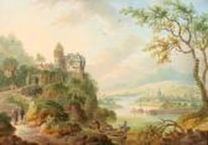 O Fluviale Con Una Rocca E Uomini In Barca