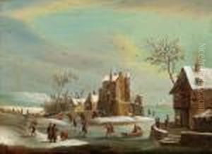 Paesaggio Invernale Con Pattinatori Sul Ghiaccio