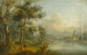 Flusslandschaft Mit Wanderern.