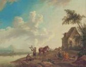 A River Landscape With Peasants Making Music By A Cottage