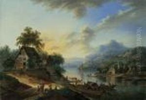 Flusslandschaft. Ol Auf Leinwand
 (doubliert). H 36; B 51 Cm. Hochecker War Der Schwager Des Malers 
Christian Georg Schutz D.a. Und Orientierte Sich In Seiner Malerei An 
Dessen Werken.