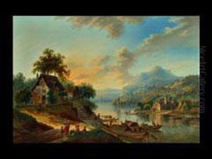 Flusslandschaft Mit Hausern Und Fischerbooten