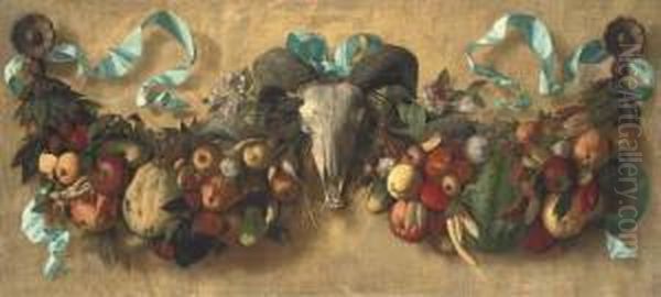 Swathes Of Fruit And Vegetables,
 Punctuated With Ribbons, A Ram'sskull And Carved Roundels - view 1