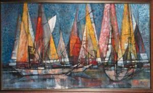 Yachts With All Sails Set In A Harbour by Pierre Hode