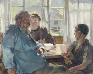 Stubeninterieur Mit Grosseltern Und Enkel. by Ernst I Hodel