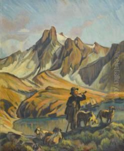 Alphirte Mit Schafen Bei Einem Bergsee by Ernst I Hodel