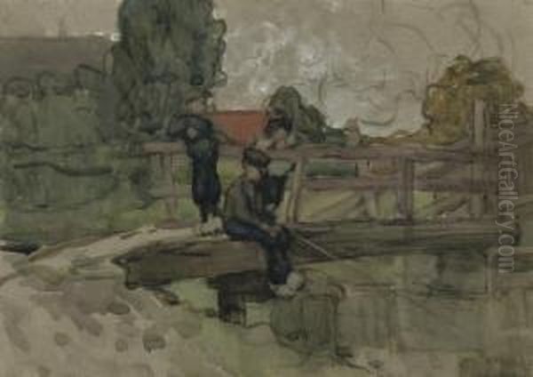 Boys Fishing On A Bridge - view 1