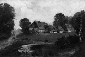 A. "bauerngehoft Mit
 Kleinem Teich". Sign. Ol Auf Lwd. Rest. 54,5 X 80 Cm.
 Rahmen