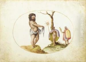 A Naked Savage Wearing Gold
Earrings With Two Figures Draped In Feathered Capes Holding A Staff With
Feathers And A Parrot: Allegory Of America by Joris Hoefnagel