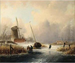 A Winter Landscape With Figures On The Ice