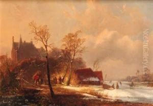 A Winter Landscape With Skaters And A Faggot-gatherer By Afortified Mansion