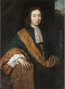 Portrait Of A Gentleman, Three-quarter Length, Wearing A Blue Cloak With A Yellow Sash