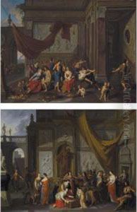 Achilles And The Daughters Of 
Lycomedes; A Classical Scene With Figures 
Feasting by Gerard Hoet