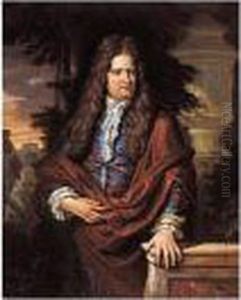 Portrait Of A Gentleman In A 
Blue Coat And A Maroon Cloak, His Hand Upon A Marble Balustrade
