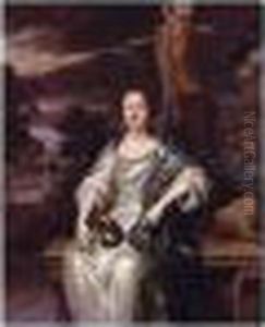 Portrait Of A Lady In A White Dress With A Lap Dog, Sitting In A Landscape Portrait Of A Lady In A White Dress With A Lap Dog, Sitting In A Landscape