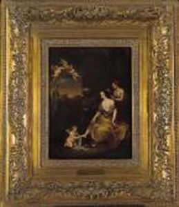 Seated Woman With Servants, Cupid, Statue And Cherubs