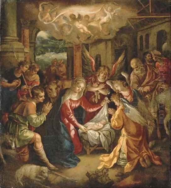 The Adoration of the Shepherds with the Annunciation to the Shepherds beyond by Hendrick De Clerck