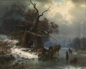 A Winter Landscape With Figures On A Frozen River