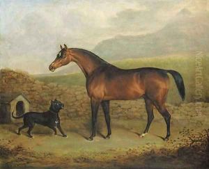 The Sligo Waxy, a bay racehorse, with a Manchester terrier, in a field by Henry Bernard Chalon
