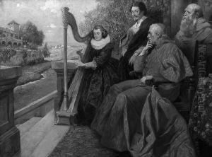 "ein Kardinal Lauscht Auf Seiner
Veranda Einer Harfenspielerin". Sign. Und Dat. 1905. Ol Auf Lwd. Rest.
58 X 78,5 Cm. Rahmen by Rudolf Alfred Hoger