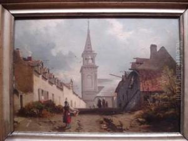 Rue De Village Anime De Promeneurs Et D'une Jeune Fille Tenant Un Panier De Linge - view 1