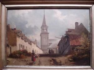 Rue De Village Anime De Promeneurs Et D'une Jeune Fille Tenant Un Panier De Linge by Charles Hoguet