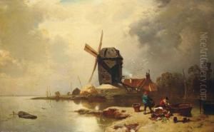 Seelandschaft Mit Muhle Und Fischern. Seelandschaft Mit Muhle Und Fischern.
