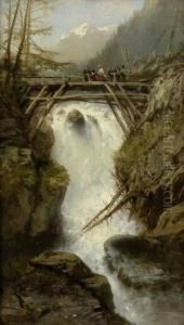 Wanderer Auf Einem Steg Uber Einen Zu Tal Sturzenden Hochgebirgsflus by Charles Hoguet