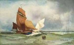 In Kustennahe Zwei Segelboote Auf Unruhiger See, Eines Davon Mit Roten Segeln In Kustennahe Zwei Segelboote Auf Unruhiger See, Eines Davon Mit Roten Segeln