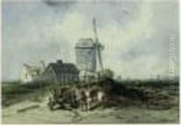 Cheval Et Charrette Devant Un Moulin Pres De La Cote - view 1