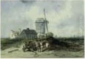 Cheval Et Charrette Devant Un Moulin Pres De La Cote by Charles Hoguet
