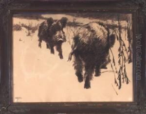 Zwei Wildschweine Auf Futtersuche Im Winter by Ludwig Hohlwein