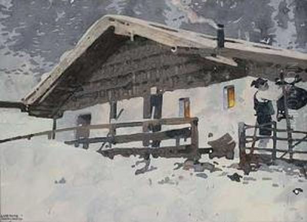 Jager Mit Erlegtem Gamsbock Vor Verschneitem Gehoft - view 1