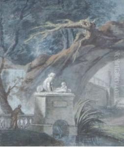 A Figure In An Elegant Garden; Also A Drawing By Another Hand by Claude Jean Baptiste Hoin