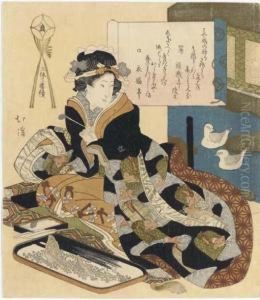 Seated Beauty With A Miniature Tray Landscape
