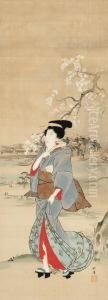 Beauty Under Cherry Blossoms By The Sumida River
Signed Hokuba, Sealed Hokuba by Teisai Hokuba