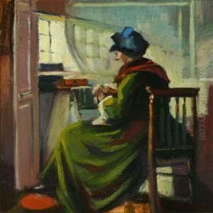 A Danish Interior From The Island Of Fanoe With A Knitting Woman In National Costumes