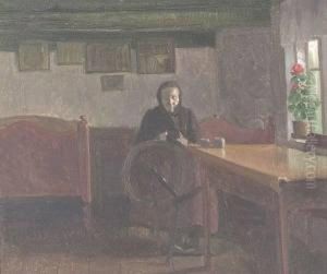 Old Woman Spinning In A Cottage Interior