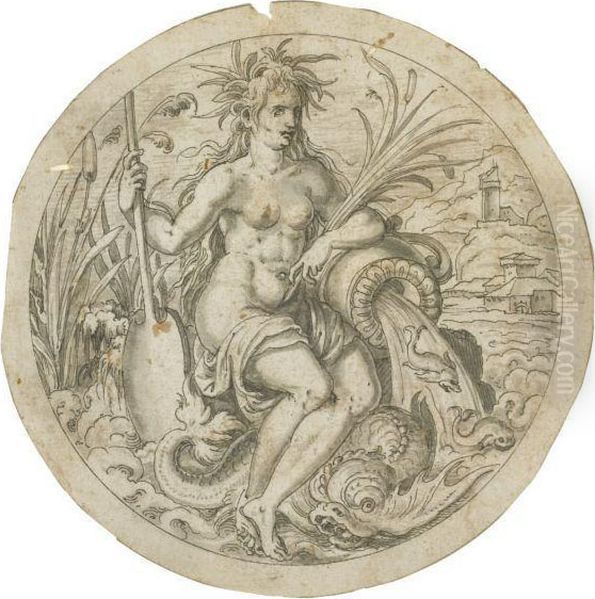 An Allegorical Female Figure, Seated On Arock, With A Large Urn And A Paddle - view 1